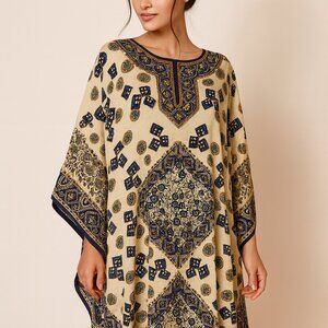 Eshe Caftan Navy Blue Floral Beaded Full Length Summer Silky One Size
